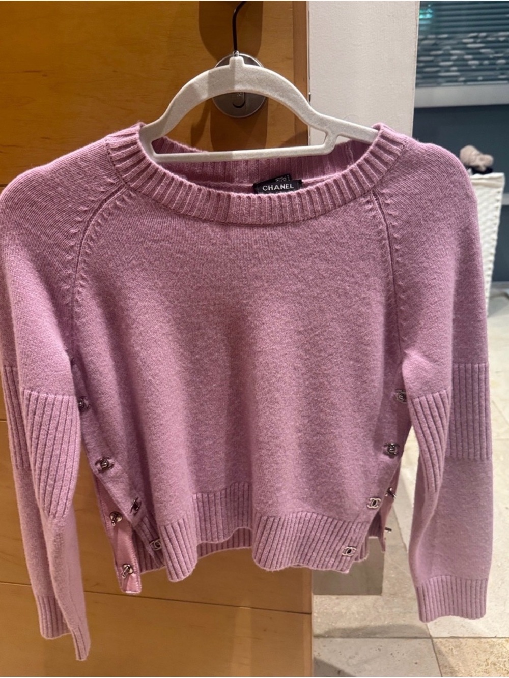 CHANEL Lilac Side-Snap Crewneck Sweater